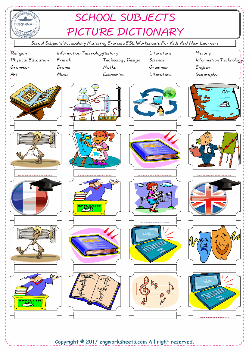  School Subjects for Kids ESL Word Matching English Exercise Worksheet. 